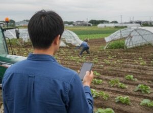 ビニールハウスが東海してたたずむ農夫
