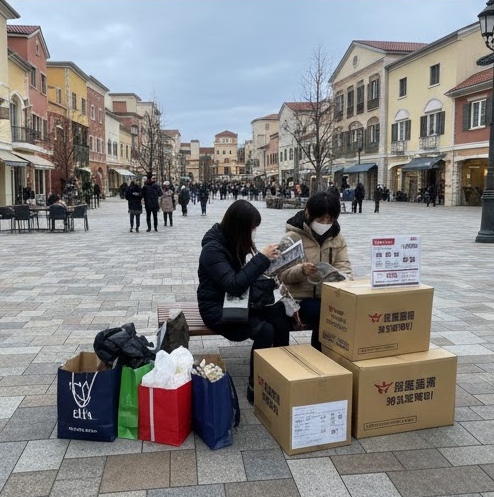 アウトレットモールで計画的買い物をしている画像