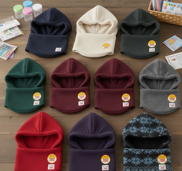 100均のフード付きネックウォーマーが陳列されている画像