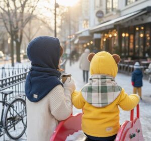 親子でフード付きネックウォーマーを付けている画像