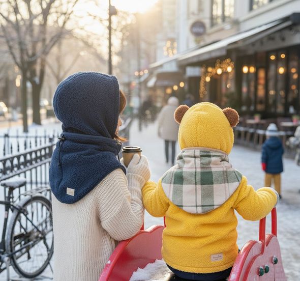 親子でフード付きネックウォーマーを付けている画像