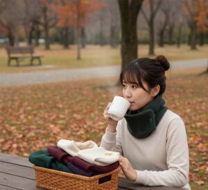 フード付きのネックフォーマーを着て野外で過ごしている画像