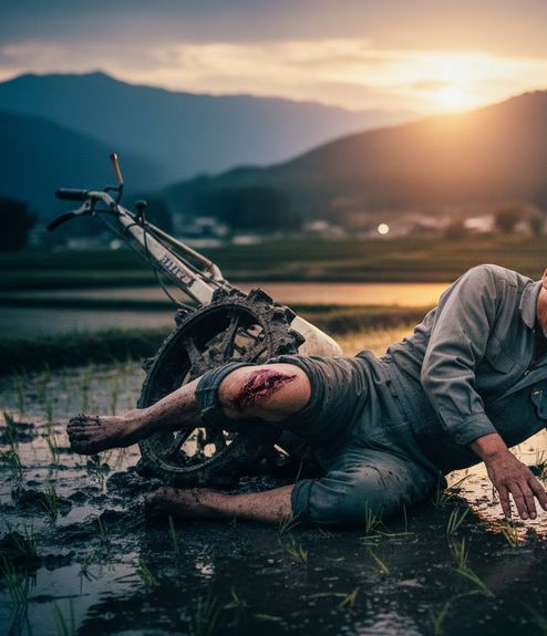 田植え中にケガをしている画像