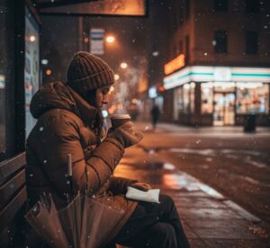 ベンチに座ってホットコーヒーを飲んでいる女性
