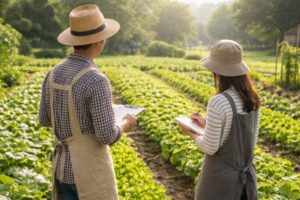 野菜の植え付けの段取りを話し合っている画像