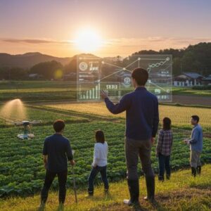 畑全体を見渡しながら将来の予定を創造している画像