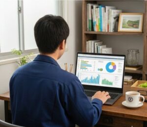 パソコンに向かってデータ分析をしている画像