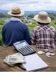畑の傍で夫婦で作物を見つめている画像