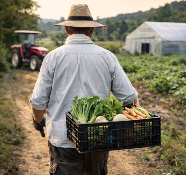 農夫が野菜を収穫して運んでいる画像