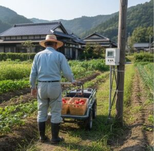 農家さんがトマトを収穫して運んでいる画像