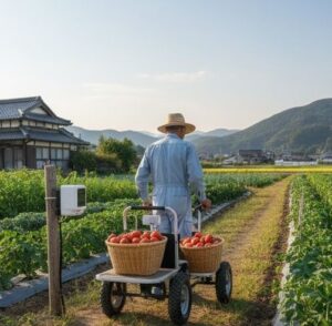 畑からトマトを収穫して運んでいる画像