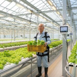 ハウスで野菜を収穫している画像