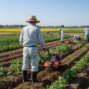 農夫は畑を耕運している画像