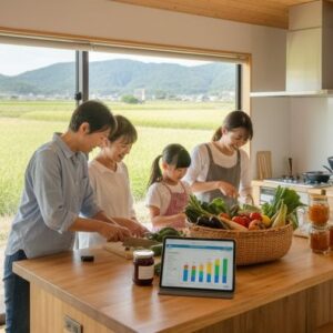 家族で採れたて野菜を調理している画像