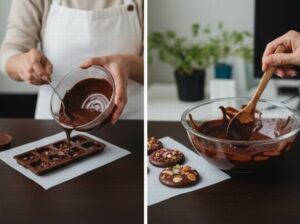 チョコレートを溶かして型に那g仕込んで知る画像とデコレーションしている画像