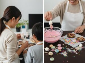 子供と一緒に手作りチョコレートを作っている画像