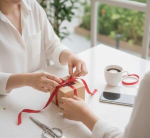 バレンタインのケースにリボンを付けている画像