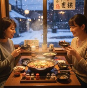 夕食で鍋料理をたべている画像