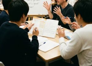 英会話教室でレッスンうを受けている画像