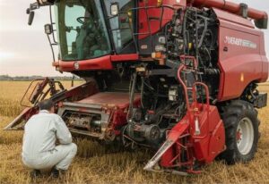 大型トラクターが故障して悩む農夫