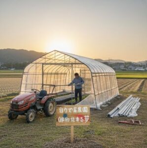 自分の農園を開くためにビニールハウスを建てている画像