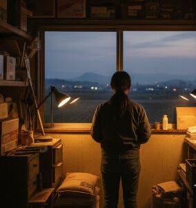 自宅の部屋から田んぼを眺めている画像