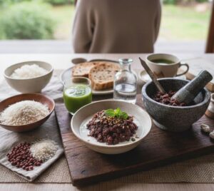 発酵小豆を使った料理がトレーに乗っている画像