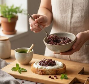 発酵小豆をトーストに乗せている画像