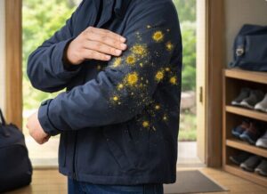 外から家に入る時に衣類に花粉が付着している画像