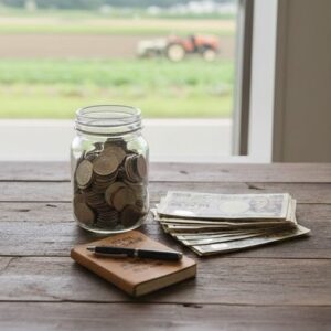 机に置かれた瓶に積み立てられたお金を紙幣の画像