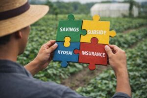 農夫がリスクのパズルをもっている画像