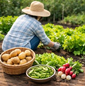 家庭菜園で春野菜を収穫している画像