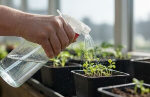 ポット苗に水やりをしている画像