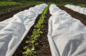 春野菜の苗を植え付けて不織布を壁せている画像