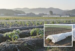 遅霜対策に不織布を被せている画像