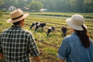 酪農家は放牧の牛を見つめている画像
