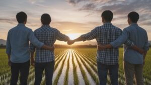 田んぼに向かって4人はがっちりスクラムを組んでいる画像