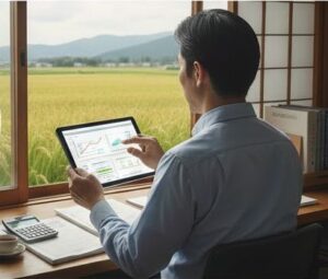 田んぼを見ながらPCデータをみている画像