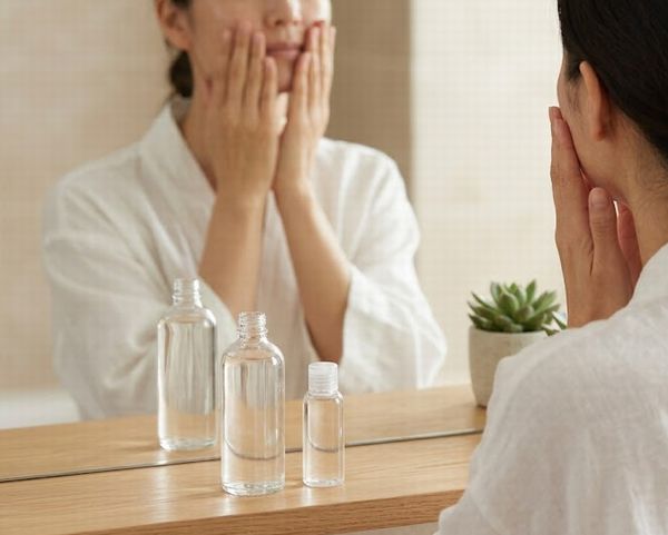 鏡をみながら肌の状況を確認している画像