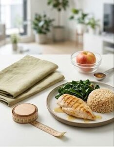 玄米・鶏肉・ほうれん草が皿に盛りつけされている画像