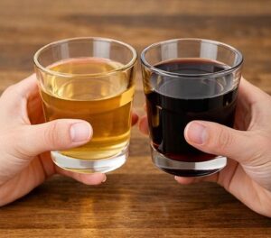 リンゴ酢と黒酢を比較している画像