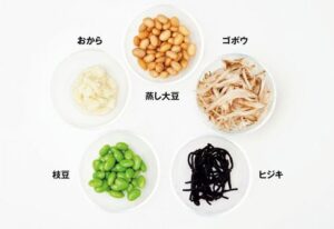おから・ごぼう・蒸し大豆・エア玉目・ひじきの画像