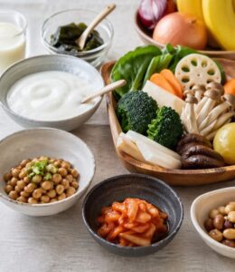 キムチ・ヨーグルト・納豆野菜などの発酵食品の画像