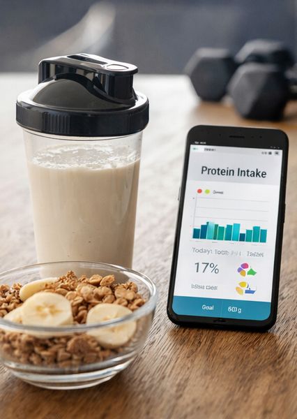 プロテインとシリアルとスマホの画像