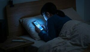 ベットでスマホを見てブルーライトを浴びている画像