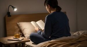 ベットで本を読んでいる画像