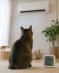 猫がエアコンの下に座っている画像