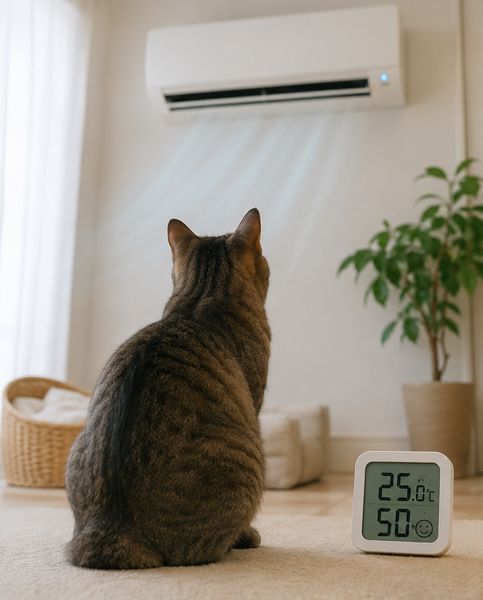 猫がエアコンの下に座っている画像