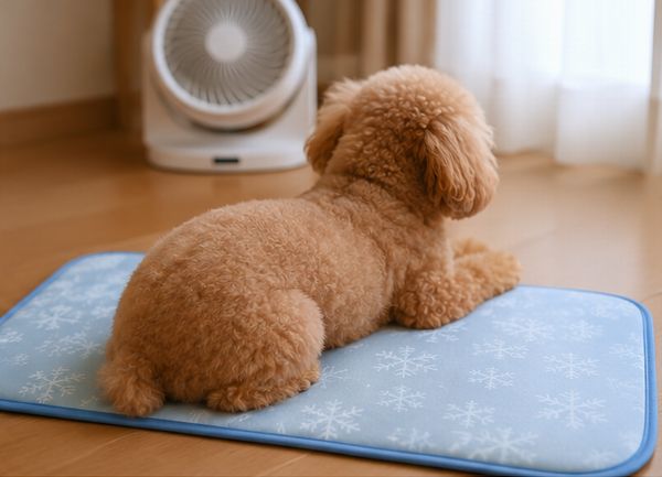 犬がサーキュレーターの前で座っている画像