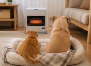 猫と犬がヒーターの前で座っている画像